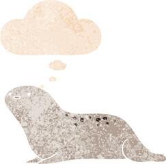 cartoon seal and thought bubble in retro textured style