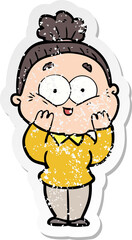 distressed sticker of a cartoon happy old woman