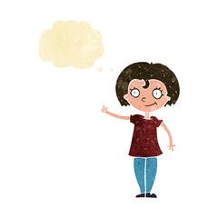 cartoon happy woman pointing with thought bubble