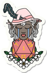 crying elf bard character with natural one D20 roll sticker