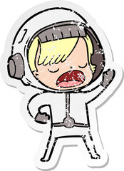 distressed sticker of a cartoon talking astronaut