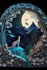 Paper Quilling Mystical Scenic with a Cat Background - Paper Quilling Wallpaper Series - Paper Cat Background created with Generative AI technology