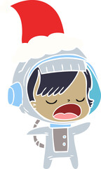 flat color illustration of a talking astronaut woman wearing santa hat