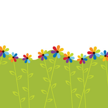 Design of greeting card with rainbow flowers and space for text. Seven colors flower. Vector illustration.