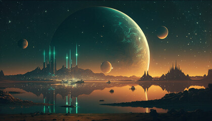 futuristic solarpunk megacity nightscape. Generative AI