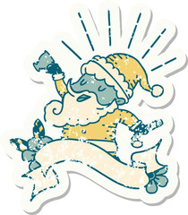 grunge sticker of tattoo style santa claus christmas character celebrating