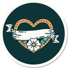 tattoo style sticker of a heart and banner with flowers