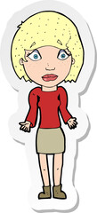 sticker of a cartoon woman shrugging shoulders