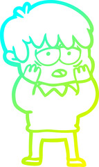 cold gradient line drawing cartoon exhausted boy