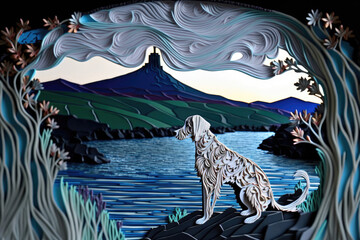 Paper Quilling Mystical Scenic with a Dog Background - Paper Quilling Wallpaper Series - Paper Dog Background created with Generative AI technology