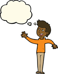 cartoon man waving with thought bubble