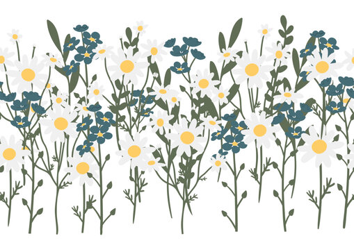wildflower border clipart, cottagecore woman illustration, vector seamless border clip art, png ai images in flat cartoon style