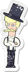 retro distressed sticker of a cartoon man wearing top hat