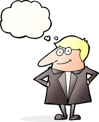 cartoon happy man in suit with thought bubble