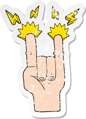 retro distressed sticker of a cartoon hand making rock symbol