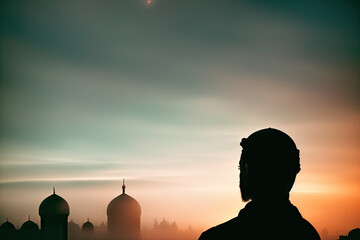 Muslim praying in a mystical environment, silhouette photo, no face visible, generative ai, color grading, islam religion concept photo