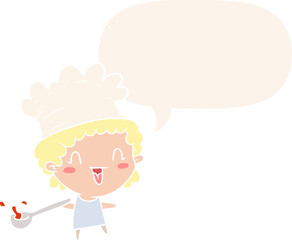 cute cartoon happy chef and speech bubble in retro style