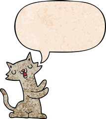 cartoon cat and speech bubble in retro texture style