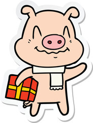 sticker of a nervous cartoon pig with present