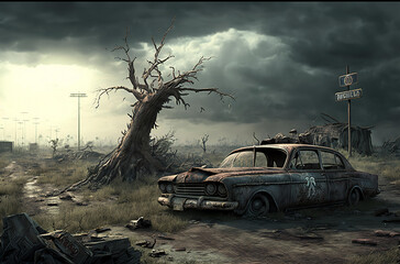 Obraz na płótnie Canvas Apocalyptic landscape , post apocalypse city , dystopia , fallout, destroyed town , AI