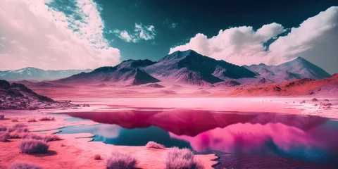  Abstract, beautiful pink landscape. Pink mountains and forests above the water, lake and under the sky with thick clouds. Generative AI. © Uncanny Valley