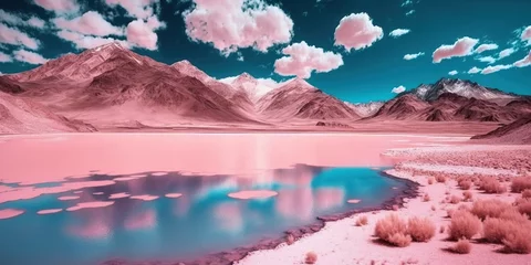 Tuinposter Abstract, beautiful pink landscape. Pink mountains and forests above the water, lake and under the sky with thick clouds. Generative AI. © Uncanny Valley