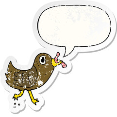 cartoon bird and worm and speech bubble distressed sticker