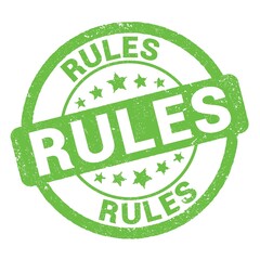 RULES text written on green stamp sign.