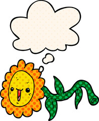 cartoon flower and thought bubble in comic book style