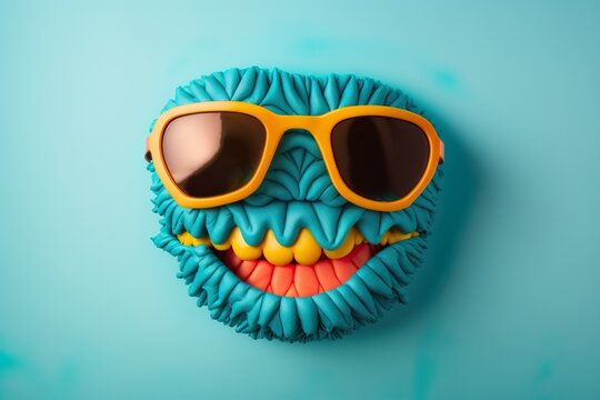 Funny plasticine smiley face, flat lay on blue background. A cute little monster, a creature with sunglasses and a big smile. Generative AI.