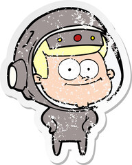 distressed sticker of a happy astronaut cartoon