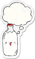 cute cartoon milk bottle and thought bubble as a distressed worn sticker