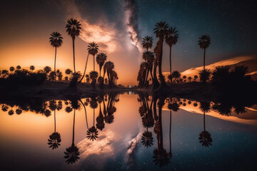 California sunset and palms with flat reflection — Generative AI