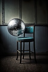 Vintage party concept with a disco ball on a chair, a retro blue room where was a crazy fun party. Minimal concept. Generative AI.