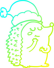 cold gradient line drawing cartoon hedgehog wearing christmas hat