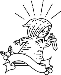 banner with black line work tattoo style assassin with knife