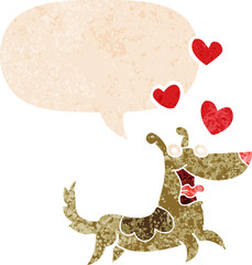 cartoon dog with love hearts and speech bubble in retro textured style