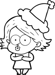 line drawing of a girl pouting wearing santa hat
