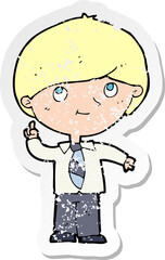 retro distressed sticker of a cartoon boy with idea