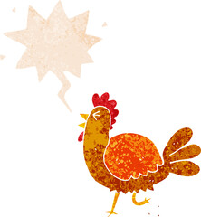 cartoon rooster and speech bubble in retro textured style