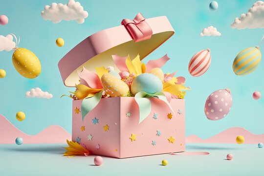 Spring Easter gift, pastel pink gift box. Painted pastel Easter eggs and fresh Spring flowers. Minimal creative concept. Generative AI.