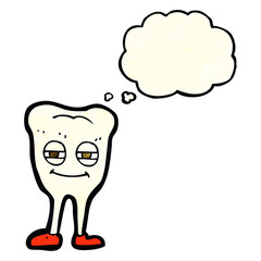 cartoon smiling tooth with thought bubble