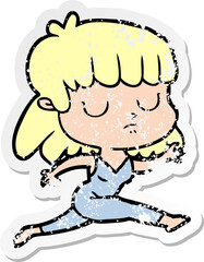 distressed sticker of a cartoon indifferent woman running