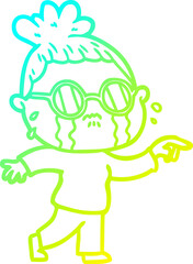 cold gradient line drawing cartoon crying woman wearing spectacles