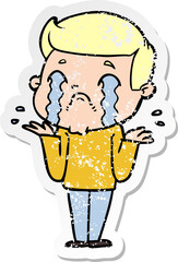 distressed sticker of a cartoon man crying