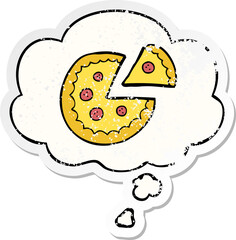cartoon pizza and thought bubble as a distressed worn sticker