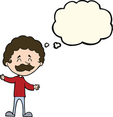 cartoon happy man with mustache with thought bubble