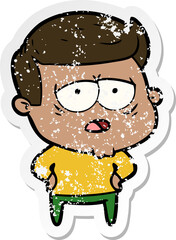 distressed sticker of a cartoon tired man