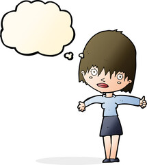cartoon curious woman with thought bubble