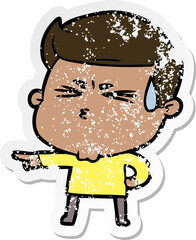 distressed sticker of a cartoon man sweating